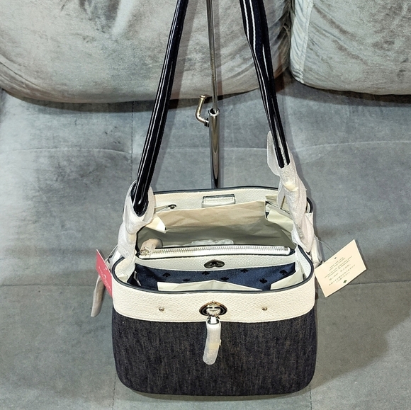 NWT KATE SPADE NEW YORK "MARTI" NAVY DENIM & WHITE LEATHER BUCKET SHOULDER BAG - Picture 14 of 16